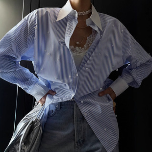 東大門重工款 珍珠釘珠條紋襯衫