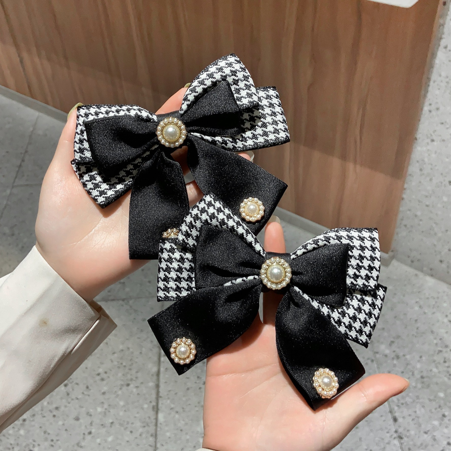 Houndstooth Fabric Bow with Heart Rhinestone Accent