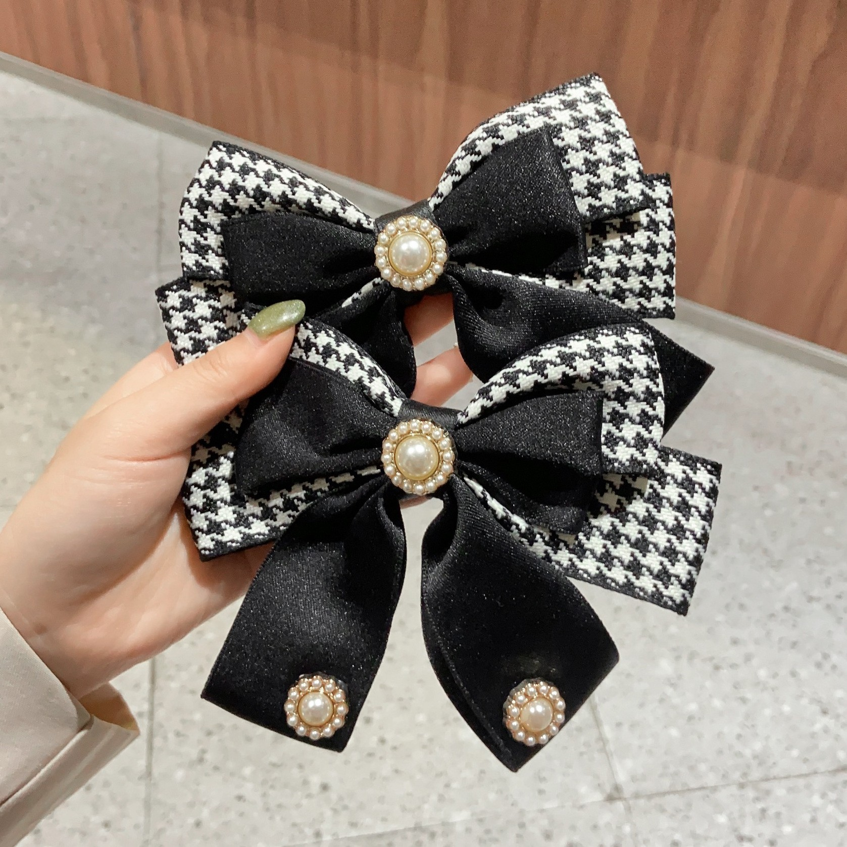 Houndstooth Fabric Bow with Heart Rhinestone Accent