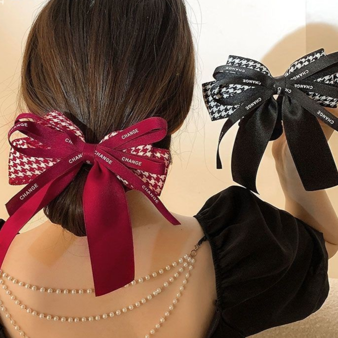 French Vintage Plaid Ribbon Bow Hair Clip