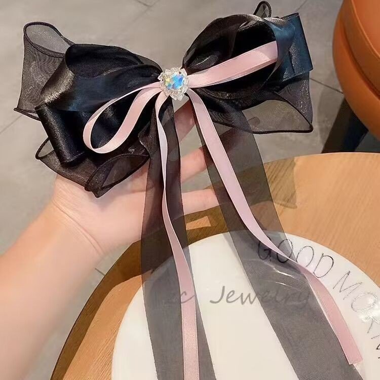 Black Sweet-Cool Ribbon Bow with Sparkling Heart Gem