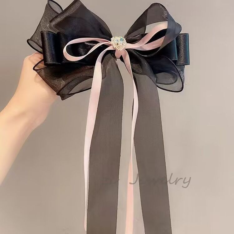 Black Sweet-Cool Ribbon Bow with Sparkling Heart Gem