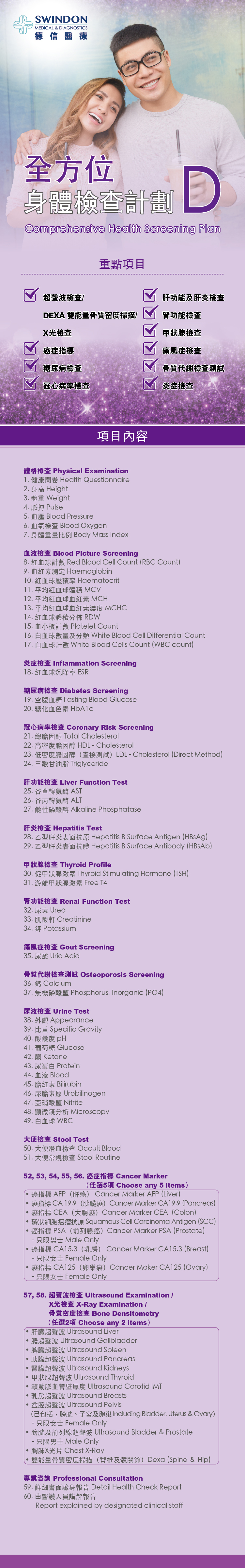 德信醫療 - 全方位身體檢查計劃 D。Swindon Comprehensive Health Screening Plan D