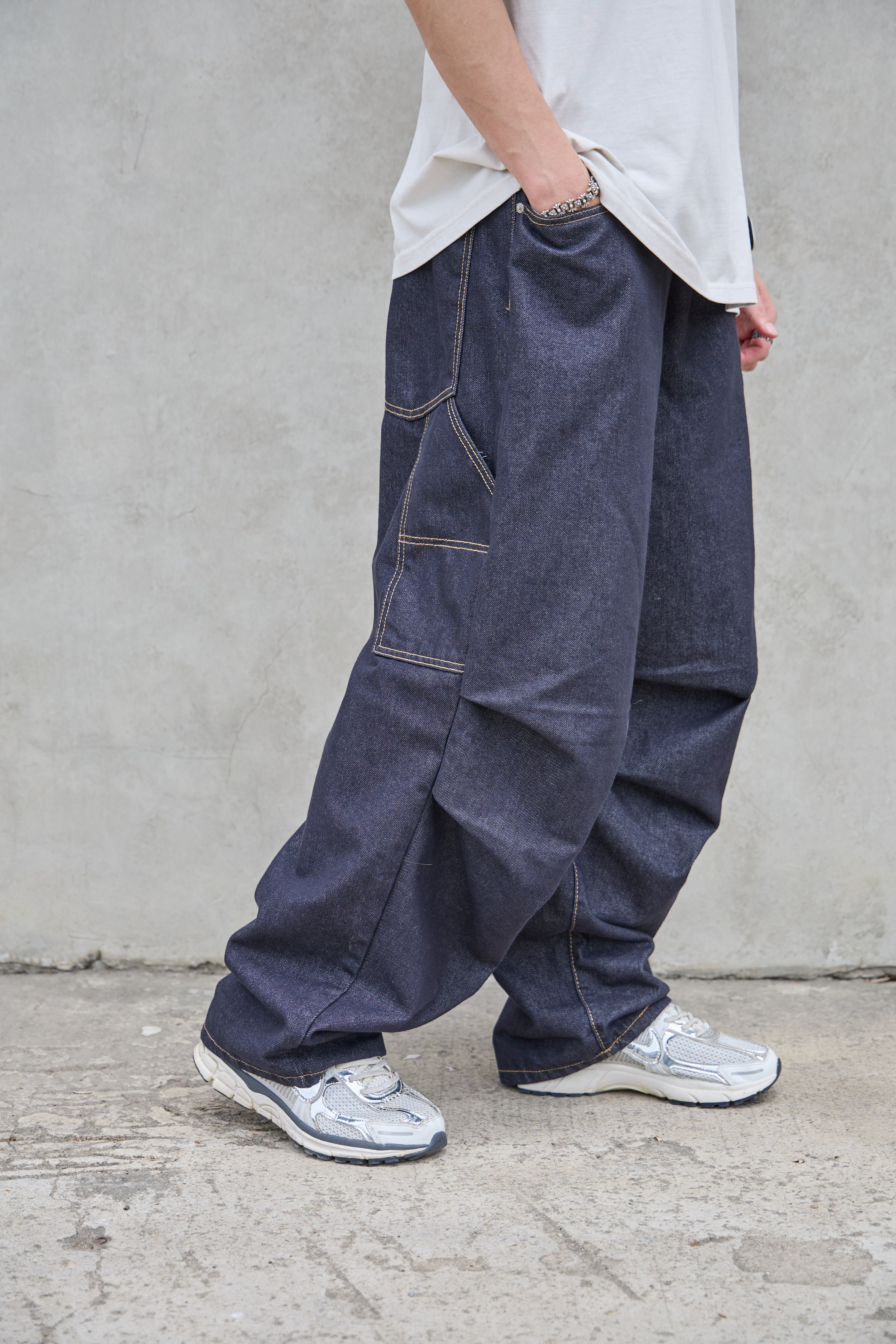 Raw Denim Utility Wide Pants｜機能立體剪裁深藍單寧寬褲(鬆緊褲頭）