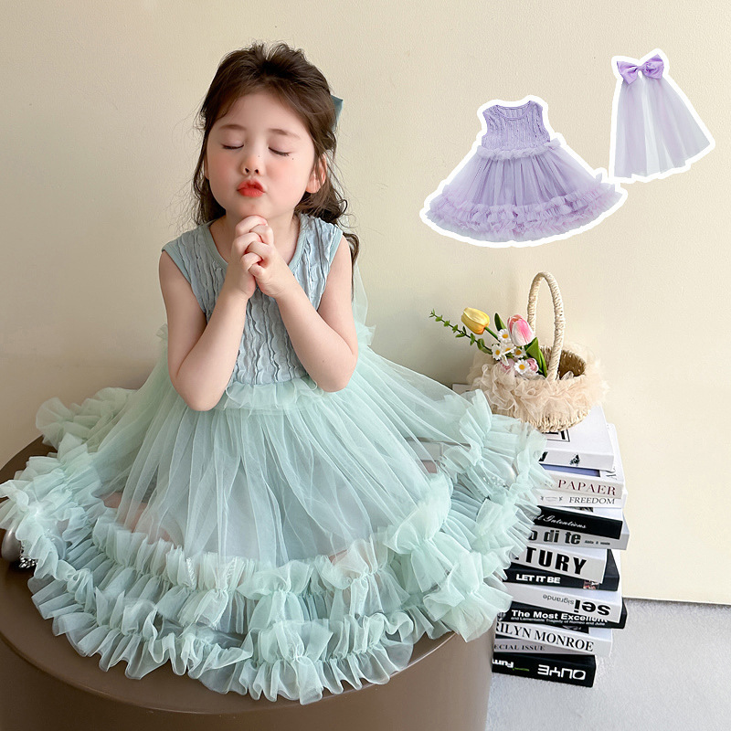 現貨出清 90.120.130cm 馬卡龍無袖拼接紗裙洋裝 (送髮飾) 2色 90-140cm