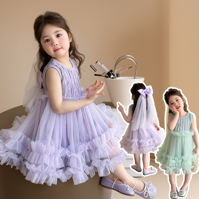 現貨出清 90.120.130cm 馬卡龍無袖拼接紗裙洋裝 (送髮飾) 2色 90-140cm