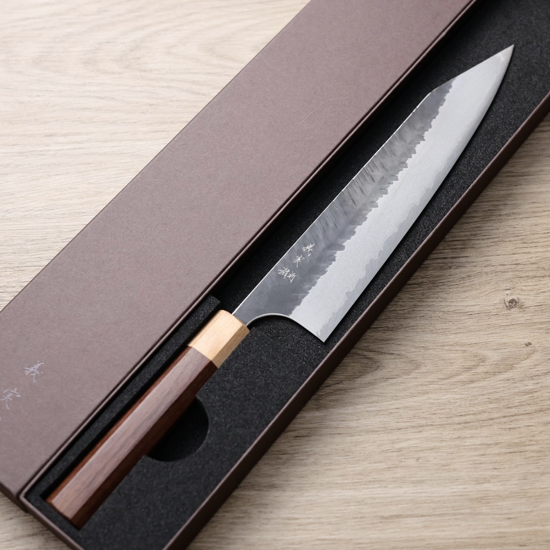 加藤義實 V鎚目 切付牛刀 240mm 青紙超級鋼 黑打