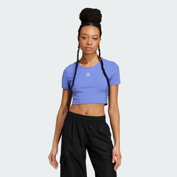 Adidas ESS RIB Tee IY9668 女 短版 短袖 上衣 休閒 三葉草 修身 羅紋 棉質 藍紫