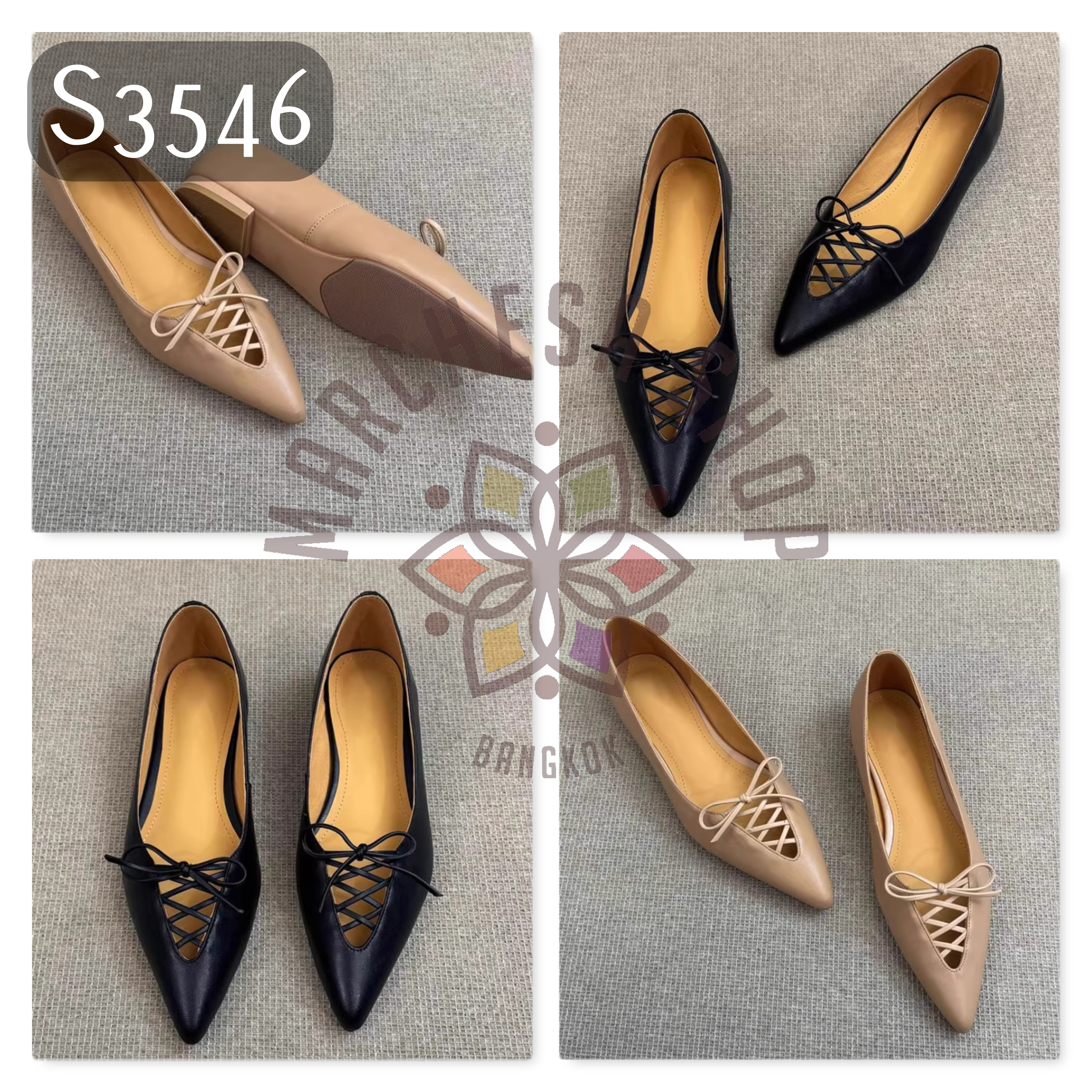 S3546 - 頭層小羊皮中空綁帶尖頭平鞋