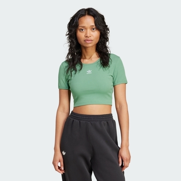 Adidas ESS RIB Tee IY9665 女 短版 短袖 上衣 休閒 三葉草 修身 羅紋 棉質 綠