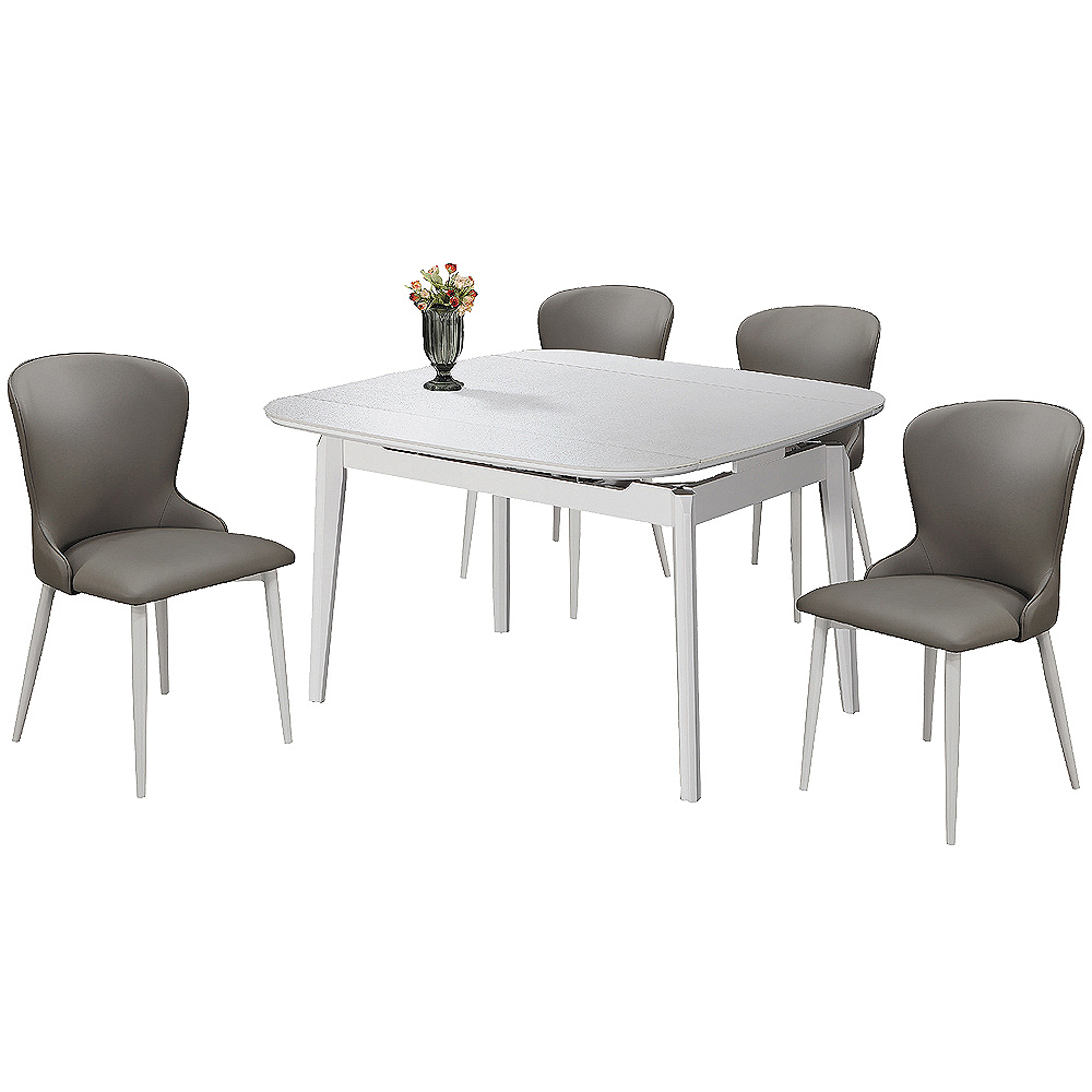 奧蘭多2.5尺伸縮拉合白色玻璃餐桌椅組合(一桌四椅-桌寬75~120cm)