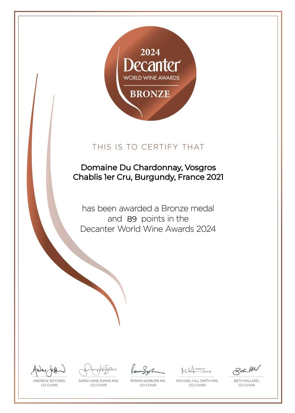 2021 Domaine du Chardonnay Chablis 1er Cru Vosgros