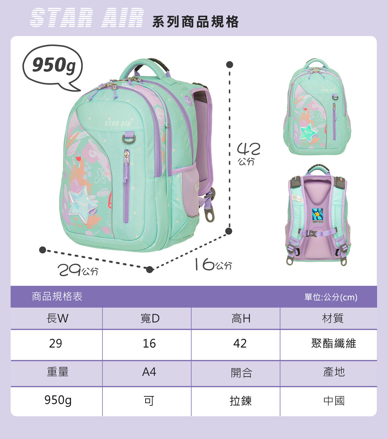 IMPACT 怡寶 STAR AIR系列成長型護脊書包-粉綠 IM00303TG (售完不補)
