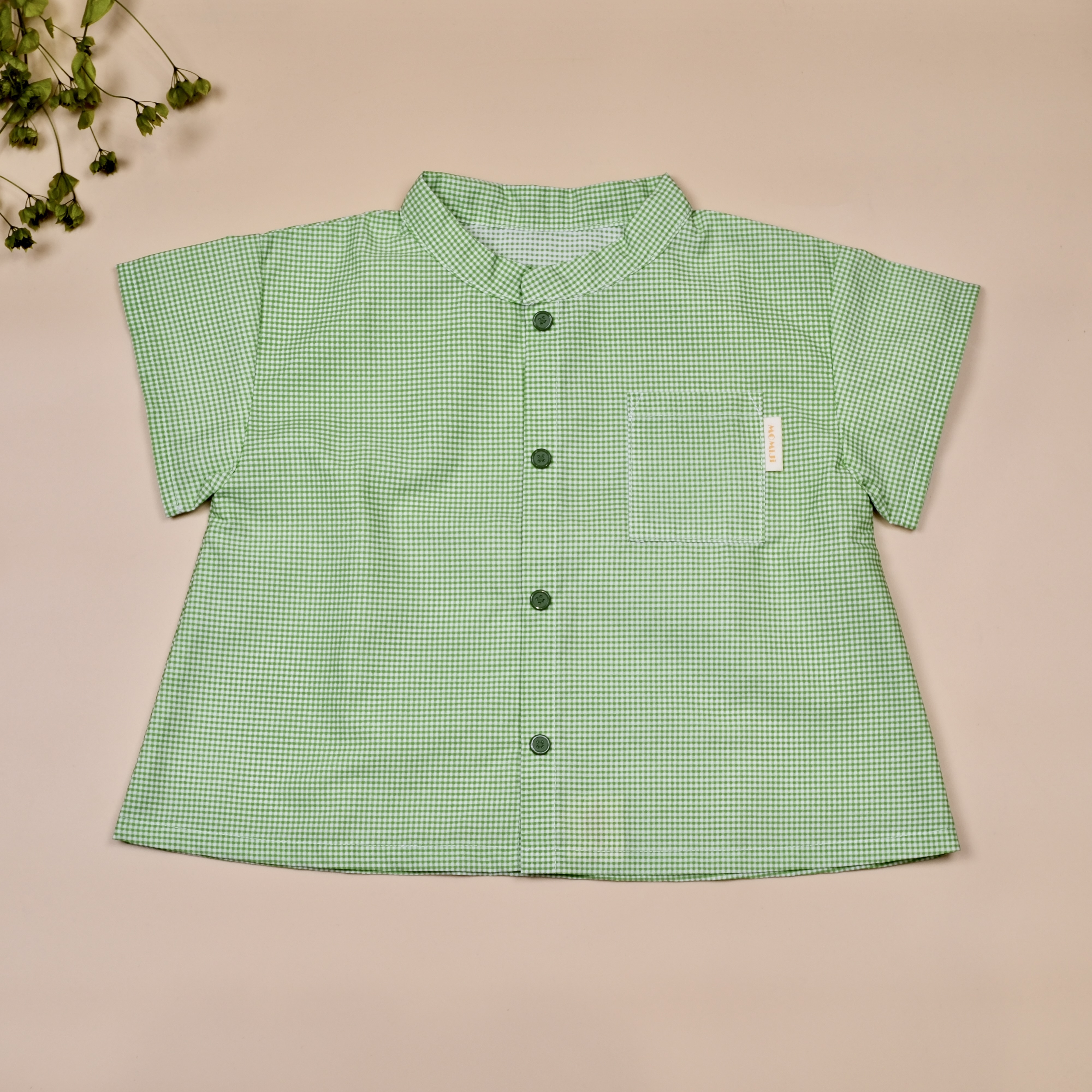 小立領日常 ⧪ 綠色格子 ⧪ 短袖立領襯衫