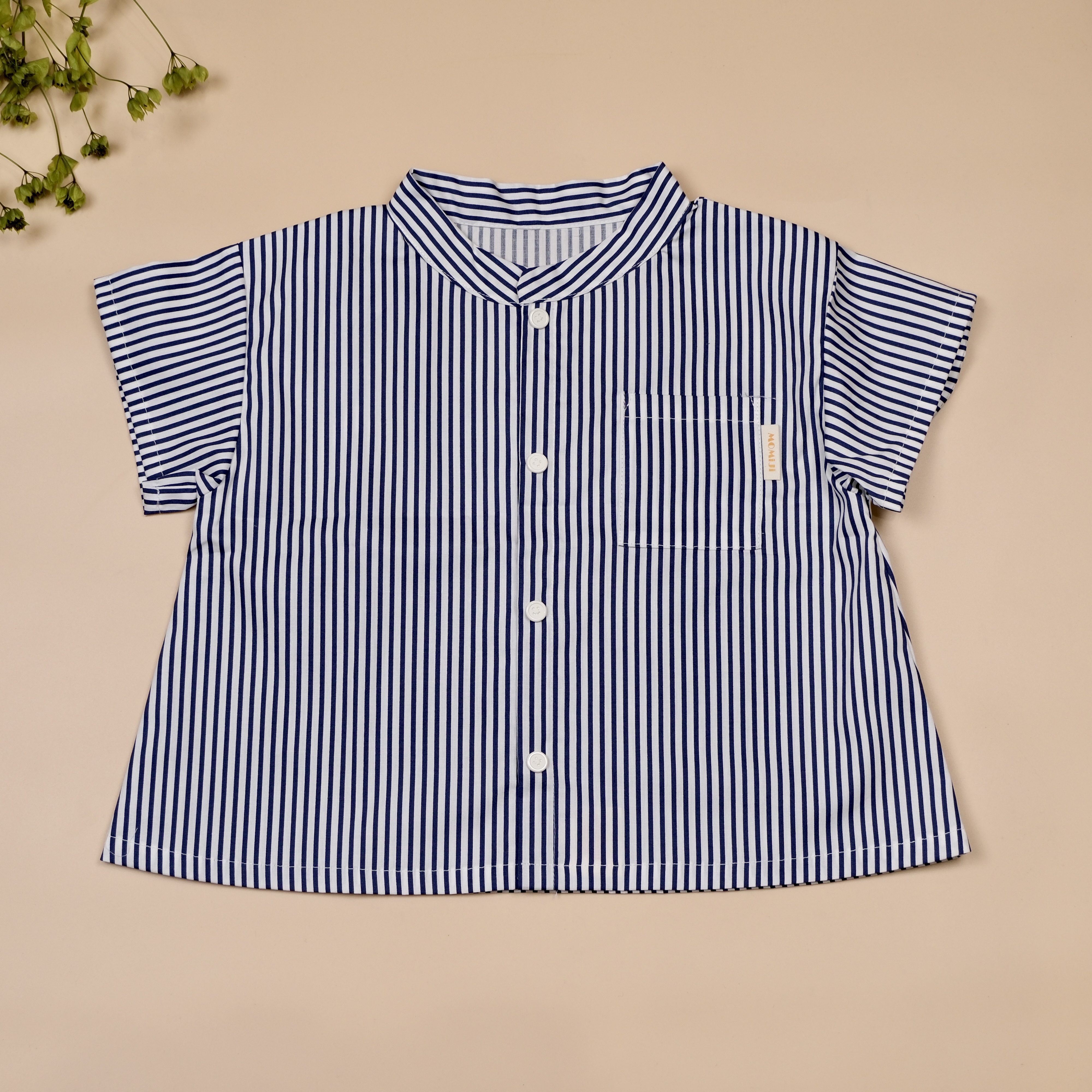 小立領日常 ⧪ 深藍線條 ⧪ 短袖立領襯衫