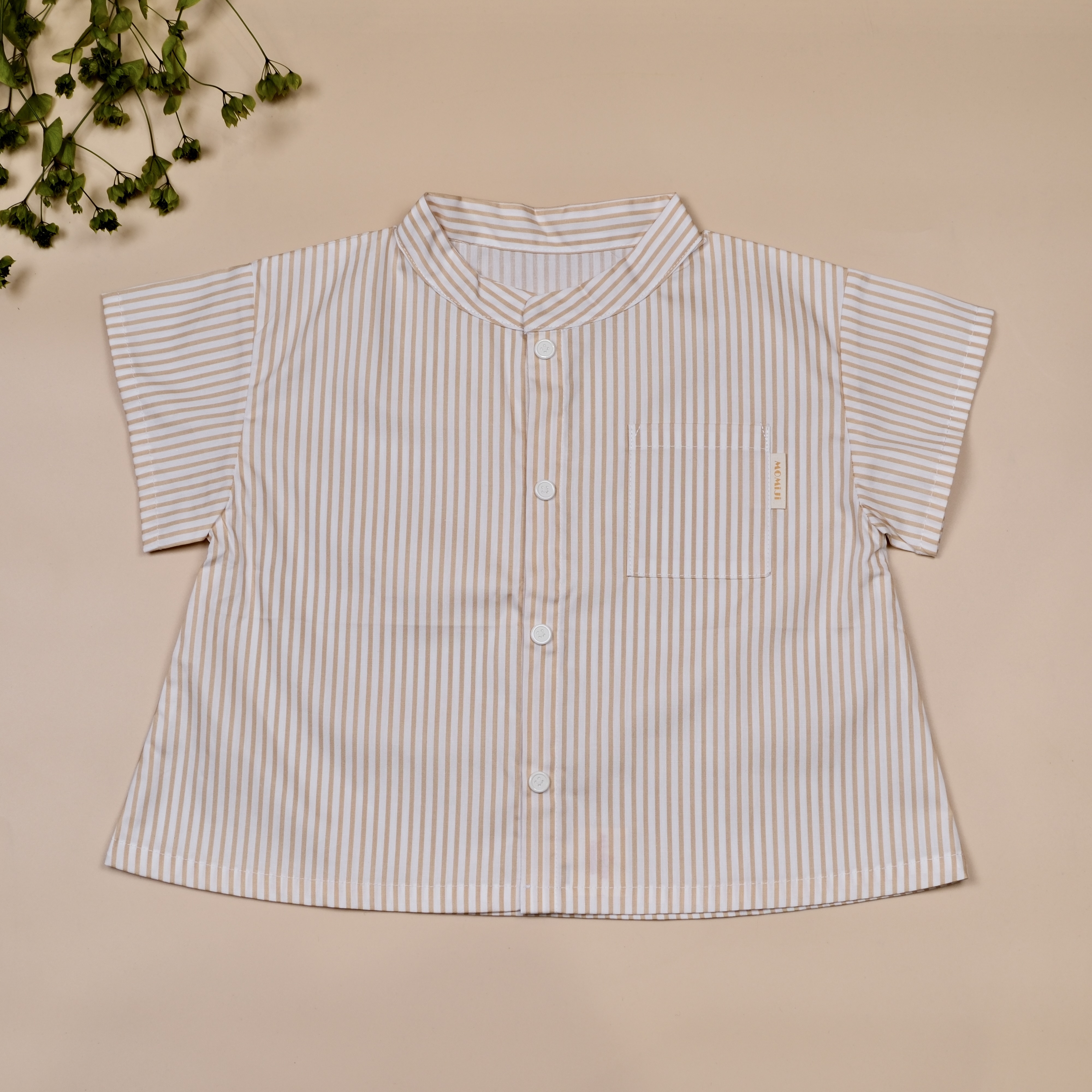 小立領日常 ⧪ 米色線條 ⧪ 短袖立領襯衫