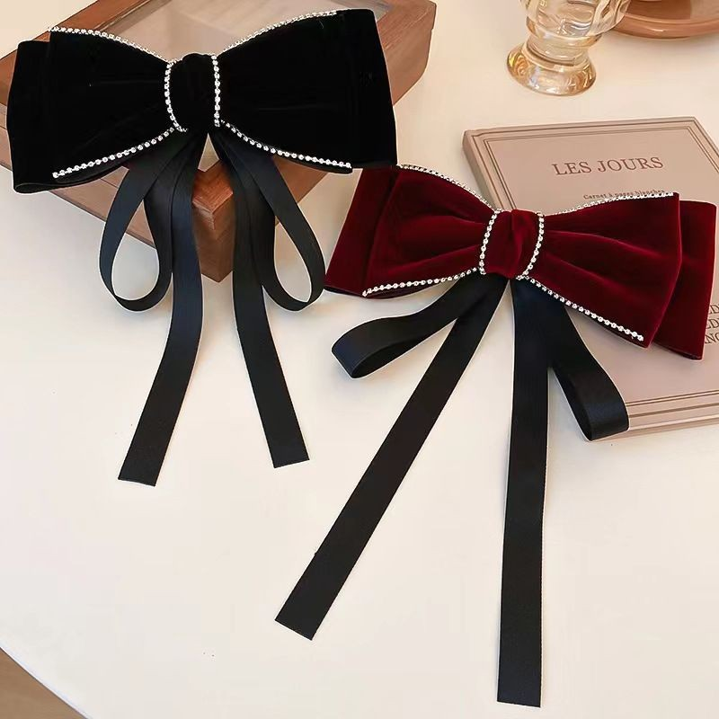 Velvet Rhinestone Bow Hair Clip with Elegant Tails