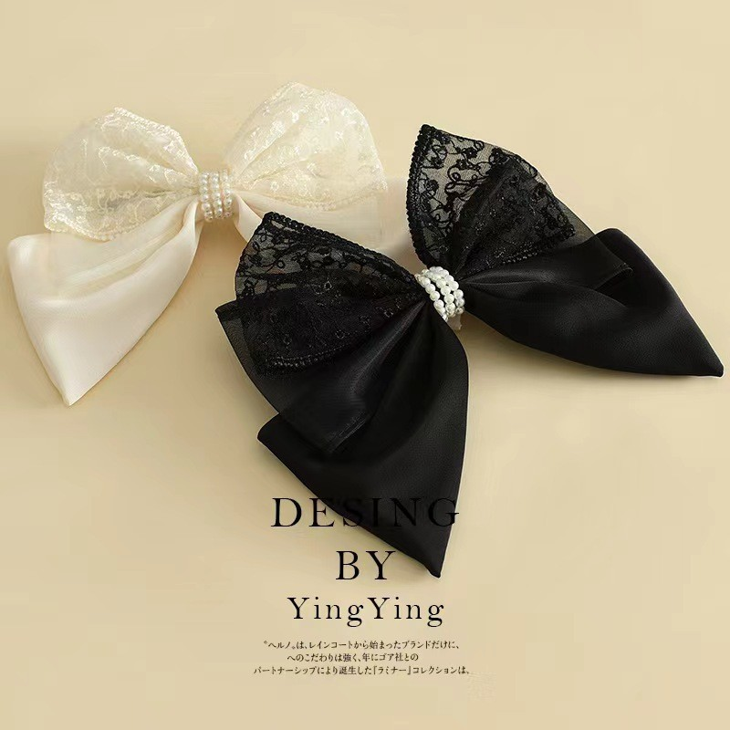Elegant Pearl & Lace Bow with Spring Clip