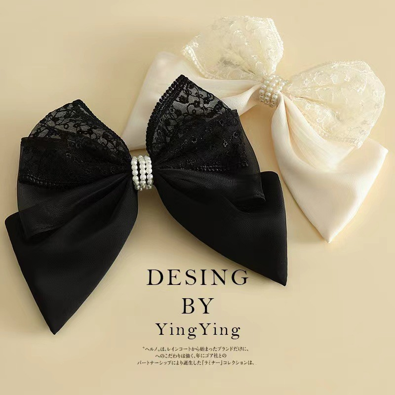Elegant Pearl & Lace Bow with Spring Clip