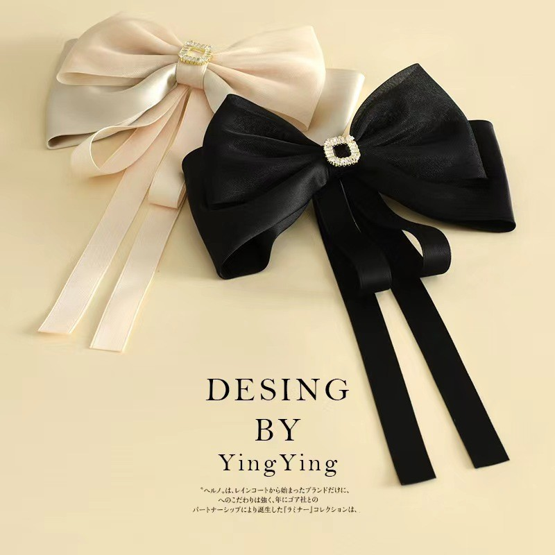 Elegant Double Bow with Square Rhinestone Spring Clip