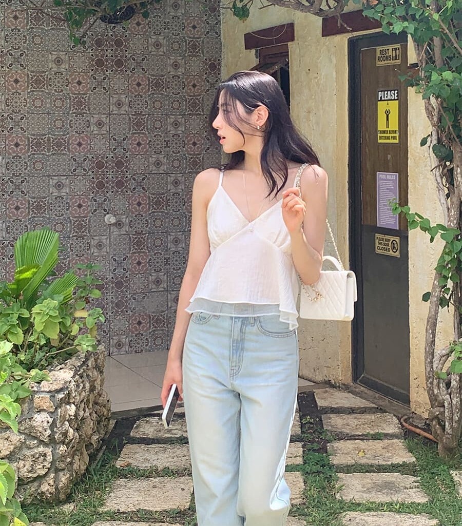 韓國Cherrykoko授權 度假風情露背綁帶荷葉擺絲質背心