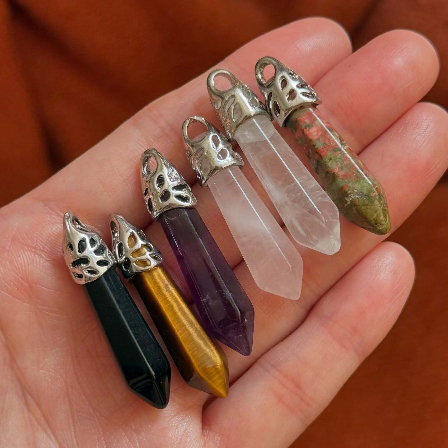 [原石] 水晶靈擺吊墜（也可當項鏈）黑曜石、虎眼石、紫水晶、粉晶、白水晶、花綠寶