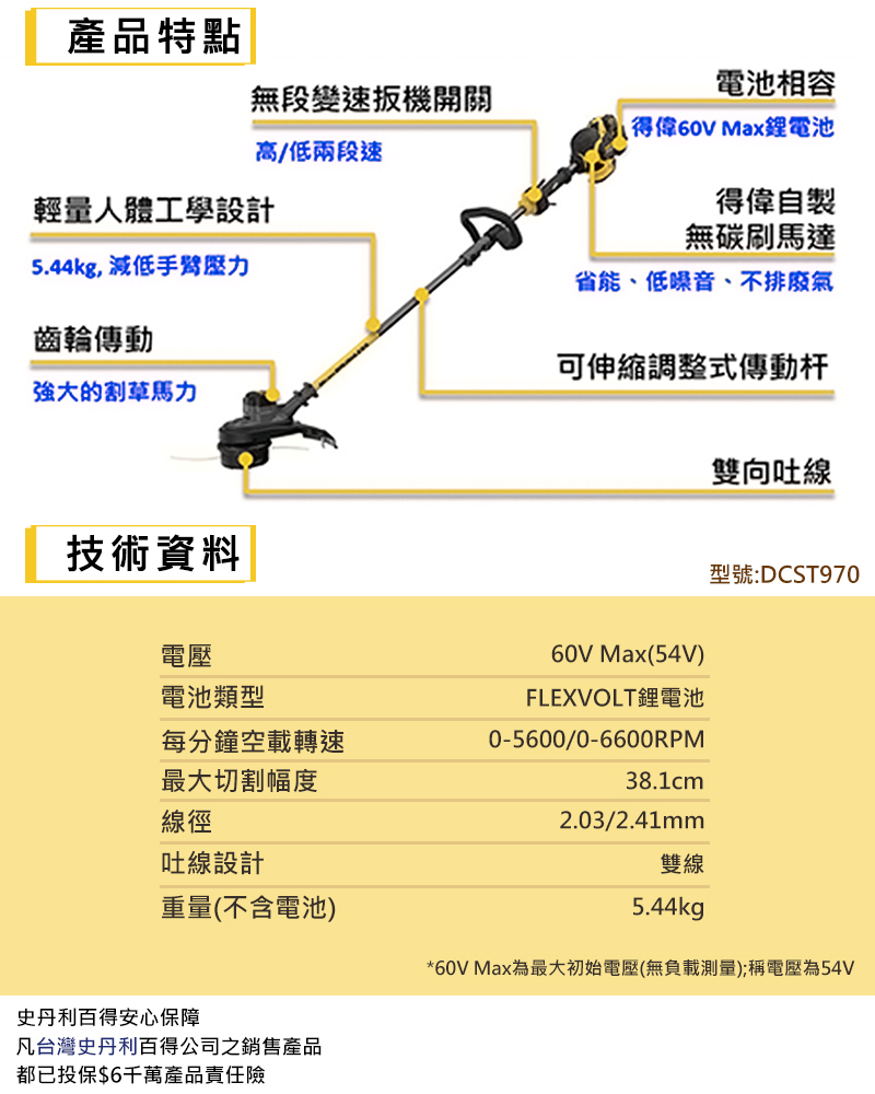 得偉 60V無刷割草機15吋 DCST970X1 單電3.0
