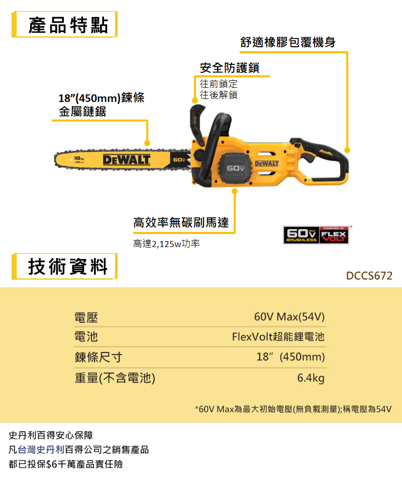 得偉 DEWALT 60V 無刷 鏈鋸機 18吋 DCCS672X1 單電3.0 DCCS672