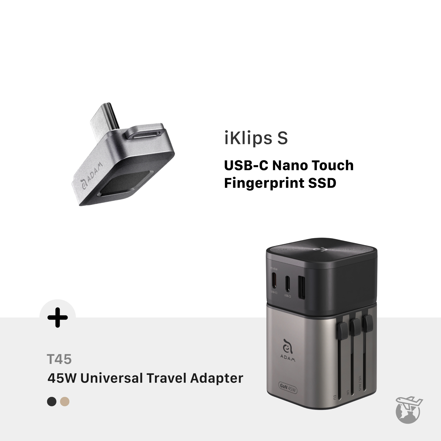 iKlips S USB-C Nano Touch Fingerprint SSD + OMNIA T45 Universal Travel Adapter