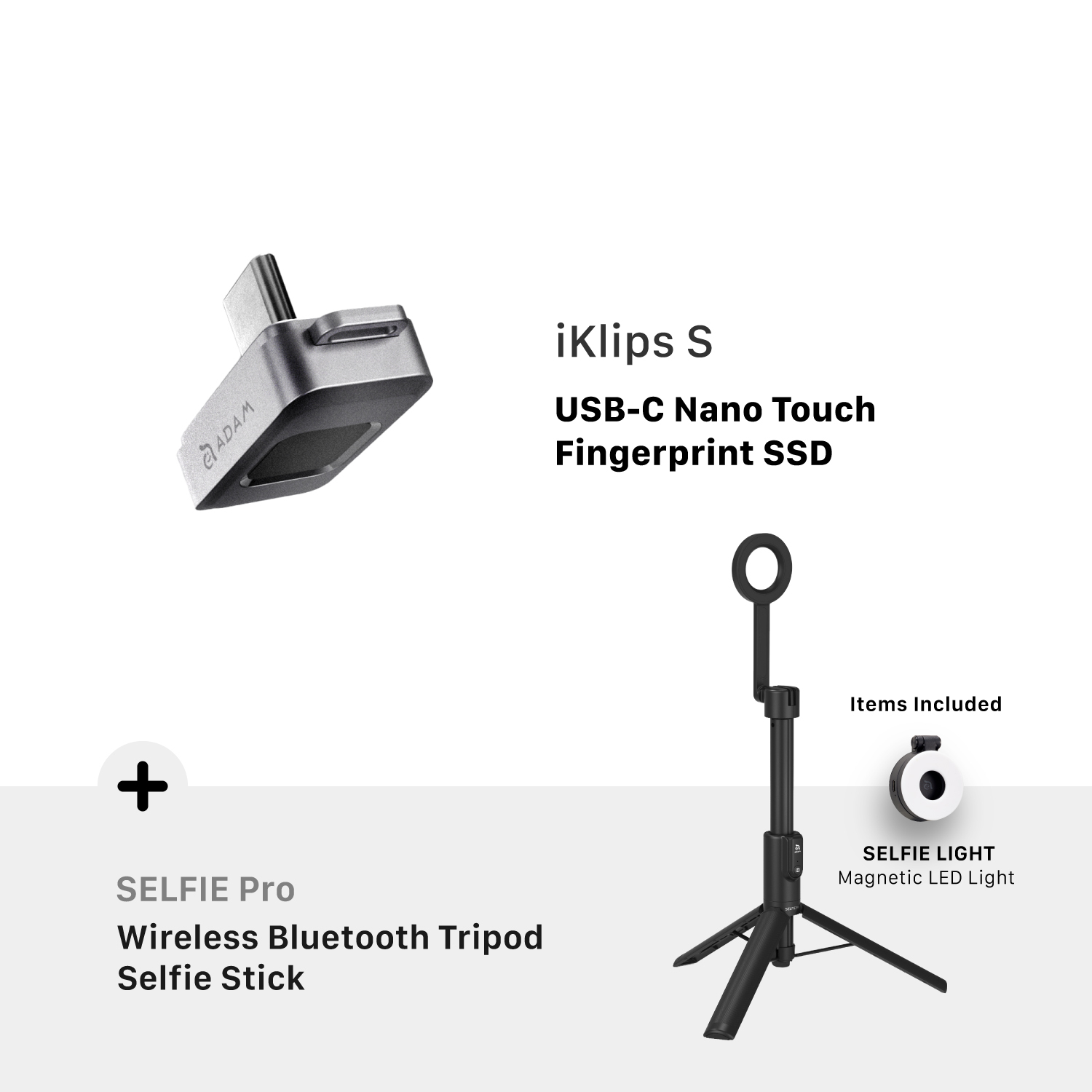 iKlips S USB-C Nano Touch Fingerprint SSD + SELFIE Pro Wireless Bluetooth Tripod Selfie Stick