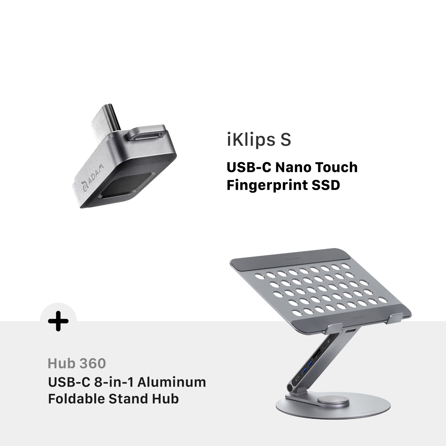 iKlips S USB-C Nano Touch Fingerprint SSD + Hub 360 USB-C 8-in-1 Aluminum Foldable Stand Hub