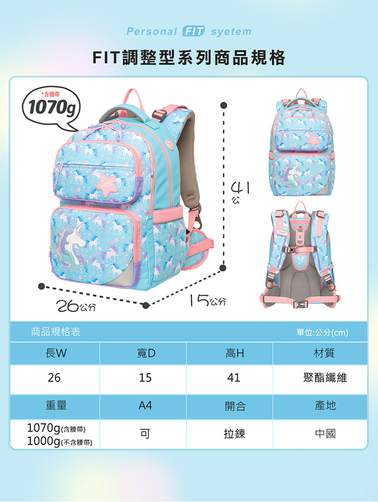 IMPACT 怡寶 調整型護脊書包-異想獨角獸 FIT多段調節背負系統 藍色 IM00226LB
