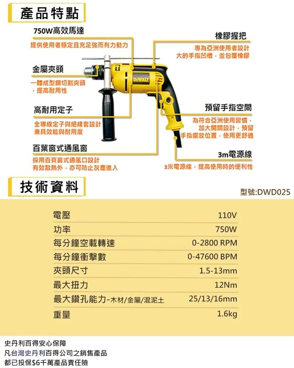 得偉 DEWALT 手提電鑽 夾頭電鑽 超強力震動 DWD025