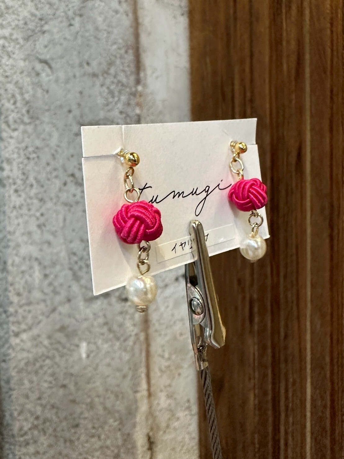 [TUMUGI] 水引和結耳環 | 桃色 | 耳夾 | NO.157