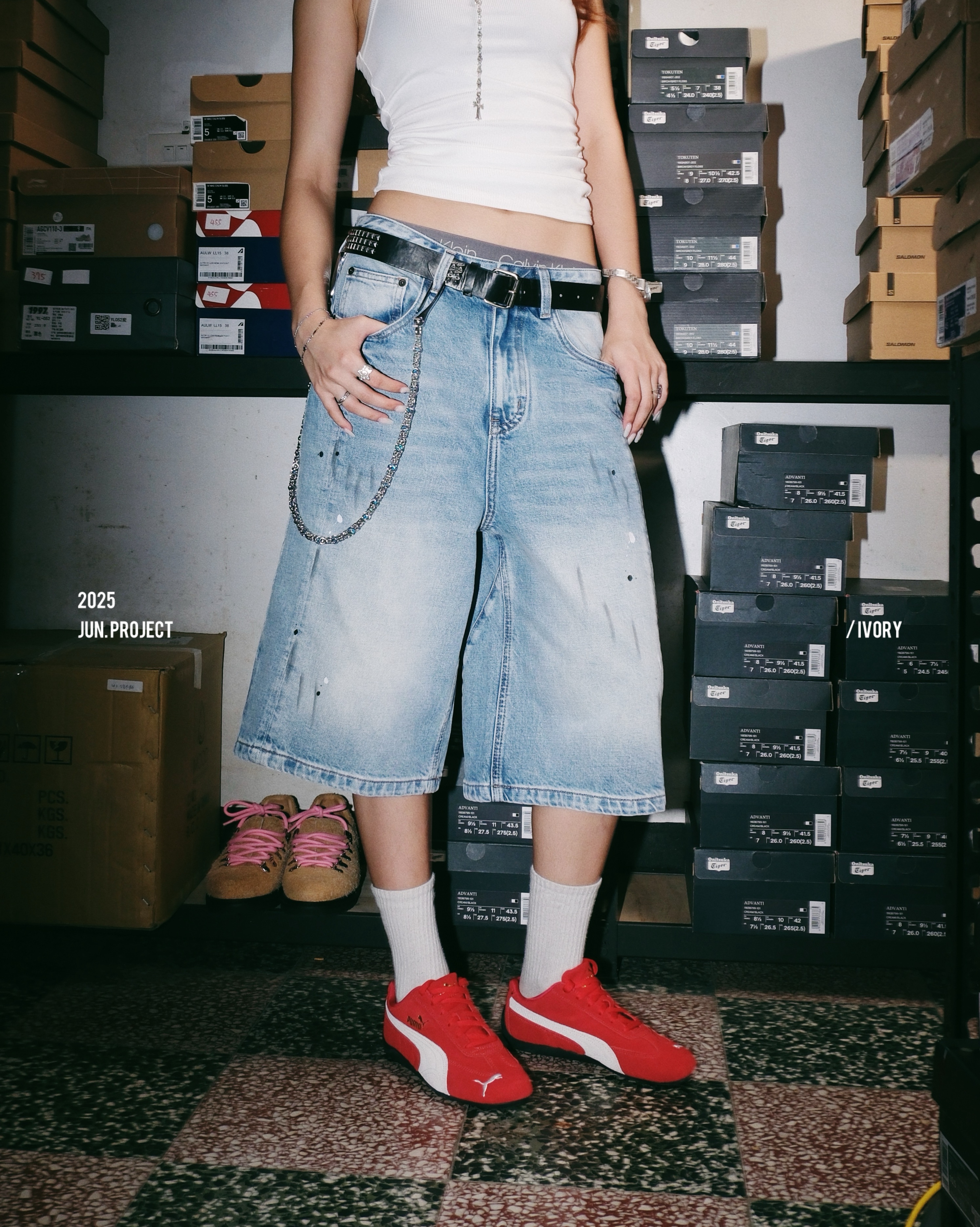 IVORY 寬鬆 七分褲 牛仔 短褲 潑漆設計 淺藍【D80012】