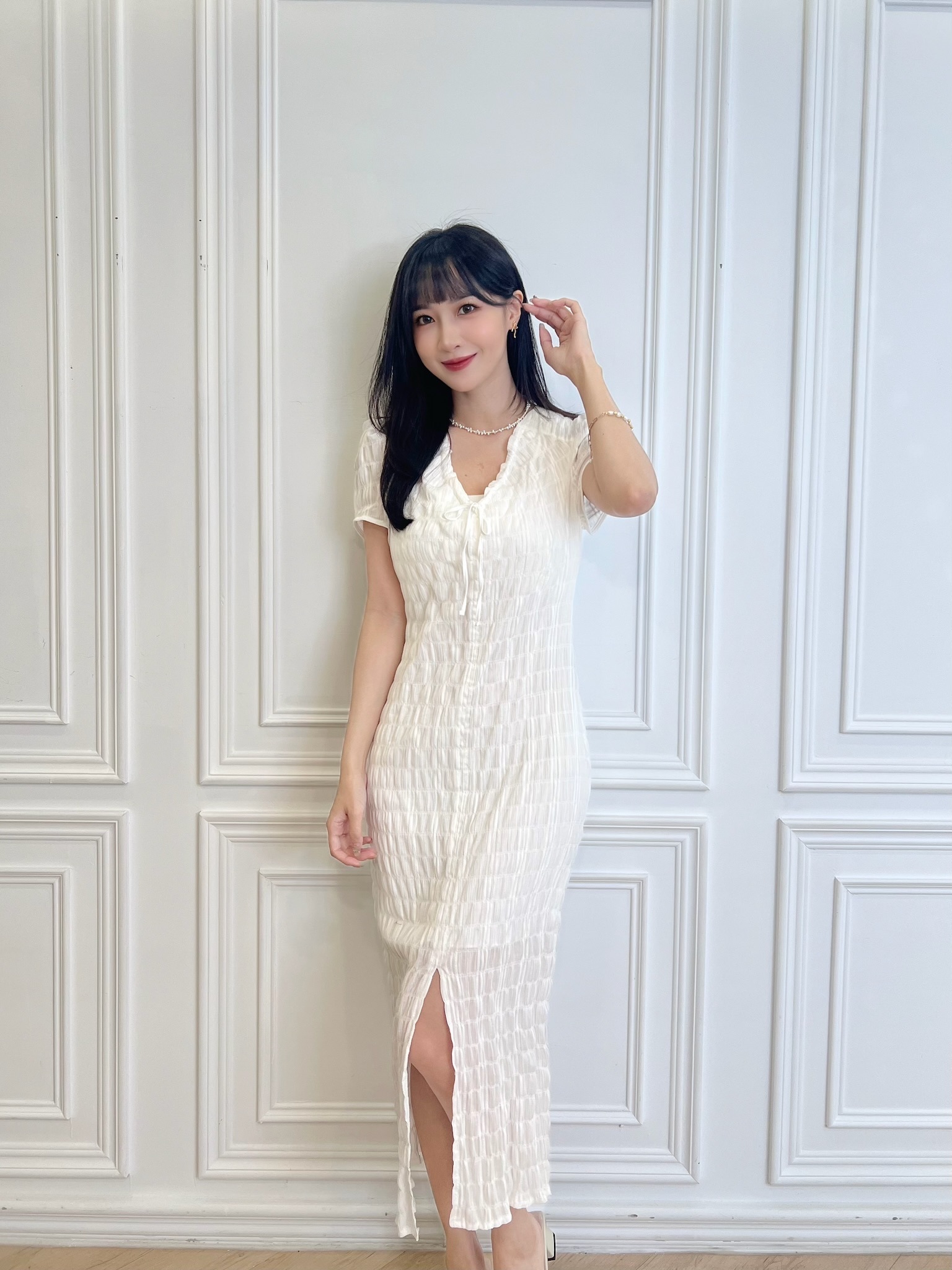 彈性抽繩領開衩洋