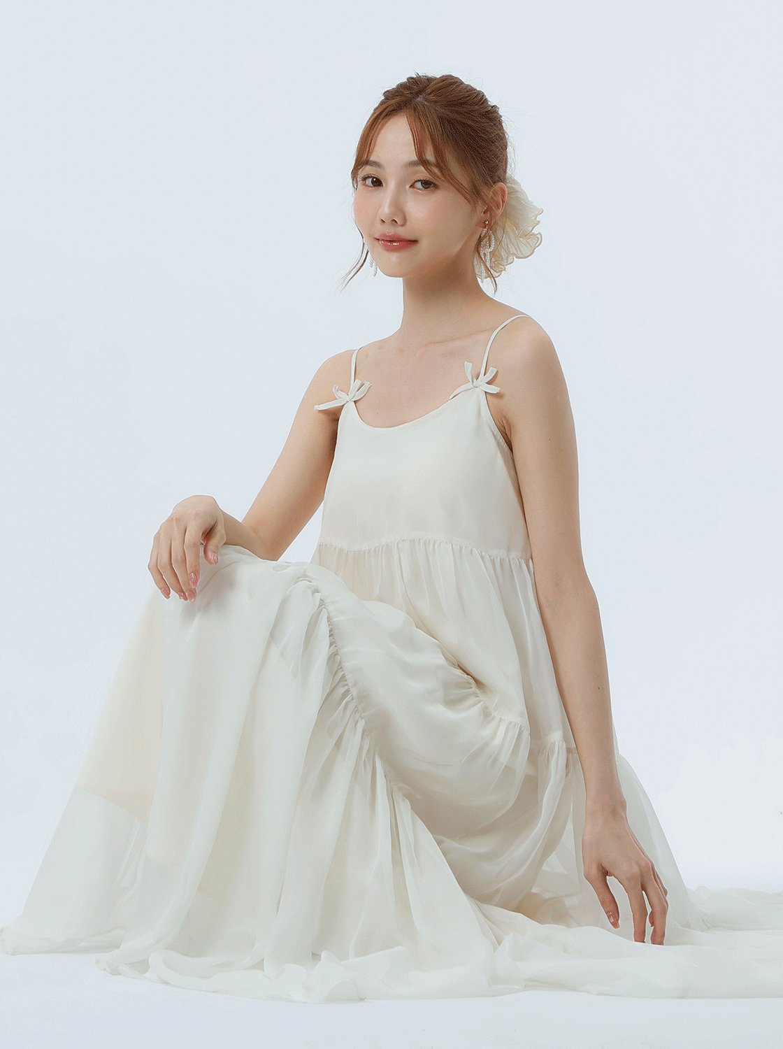蝴蝶結緞帶無袖長洋