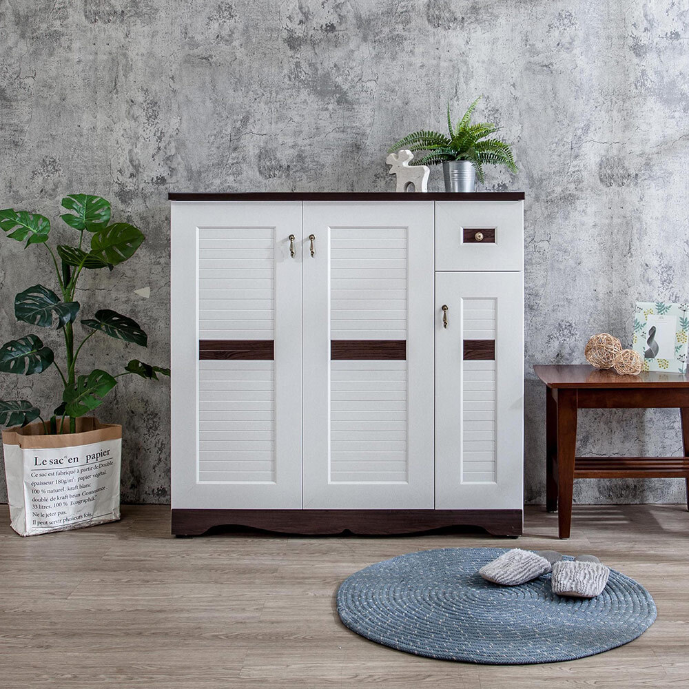 南亞塑鋼-美式鄉村風3.6尺三開門右單抽橫飾條線板造型鞋櫃