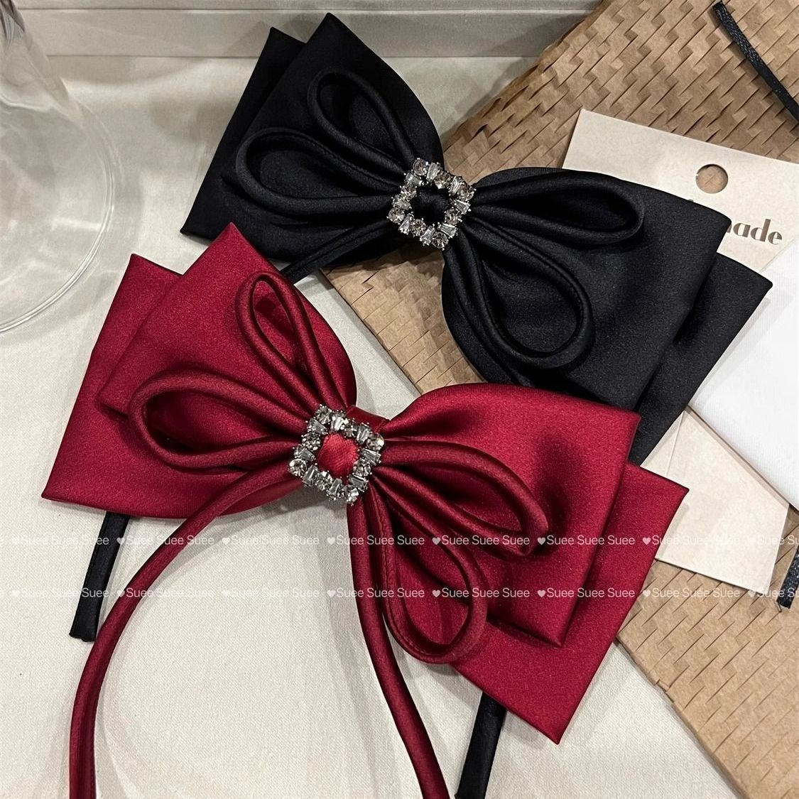 Luxury Satin Bow with Rhinestone Buckle & Ribbon Tails