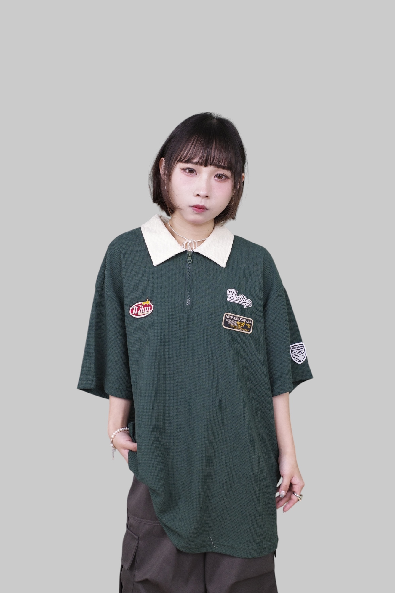 『Always_Good』撞色領 徽章 半拉鏈 POLO衫