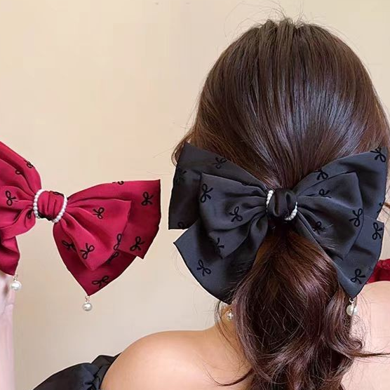 Princess-Style Pearl Ribbon Bow with Spring Clip