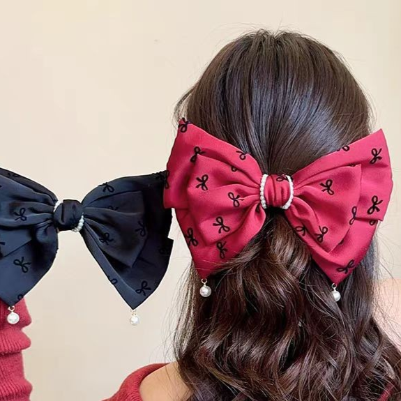 Princess-Style Pearl Ribbon Bow with Spring Clip