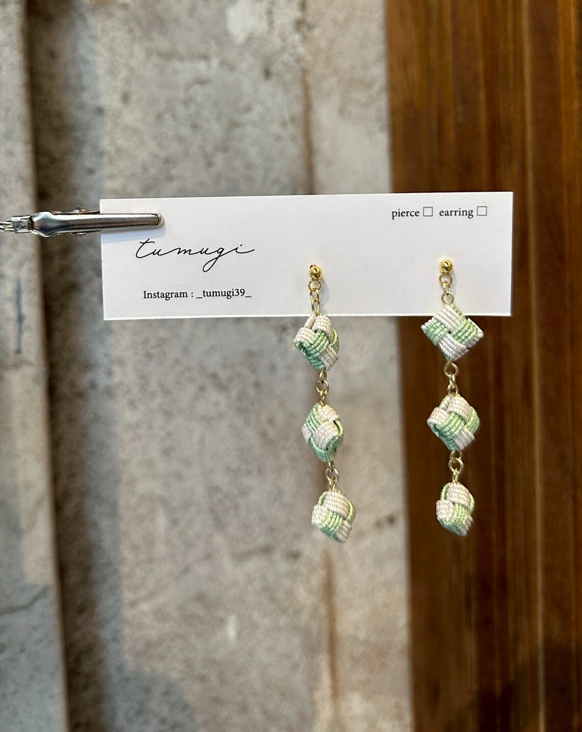 [TUMUGI] 水引三連叶耳環 | 綠色 | 耳針 | NO.149