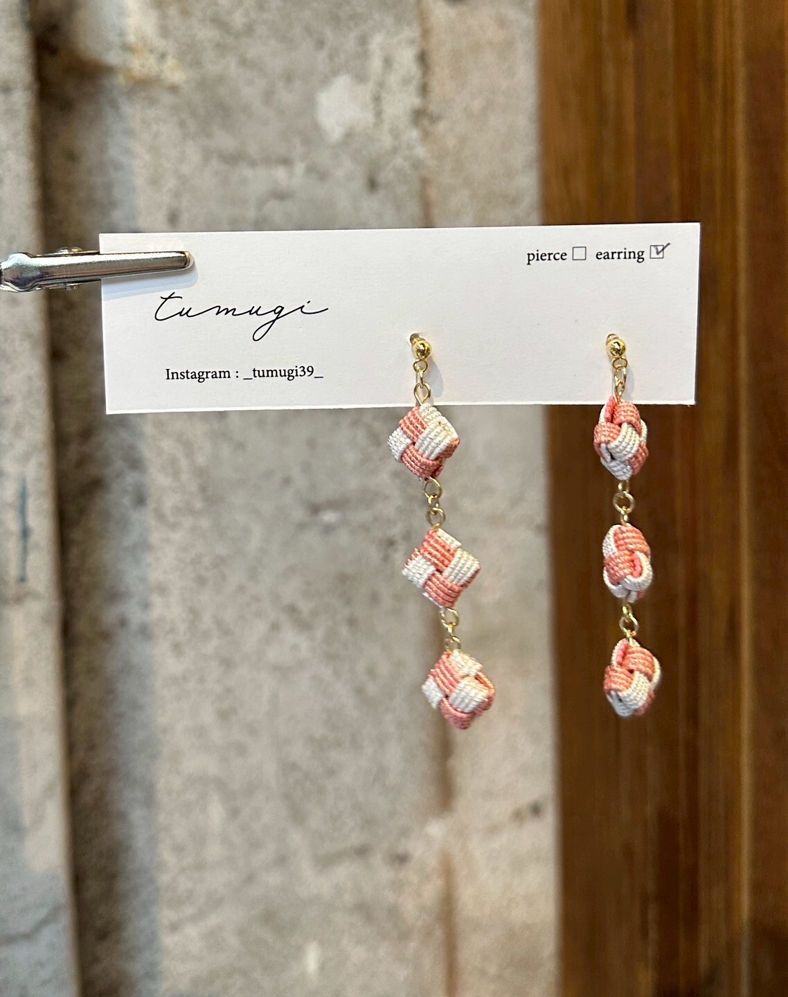 [TUMUGI] 水引三連叶耳環 | 粉色 | 耳夾 | NO.148