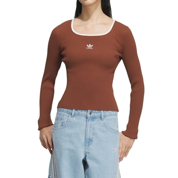 Adidas ADI LS Sweater JM8053 女 長袖上衣 休閒長袖 方領 顯瘦 穿搭 咖啡