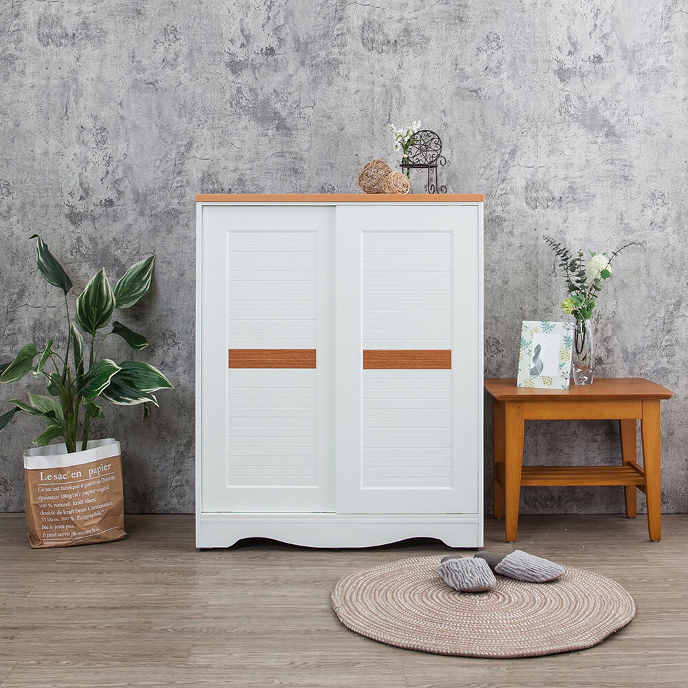 南亞塑鋼-美式鄉村風3.1尺二推/拉門線板造型鞋櫃