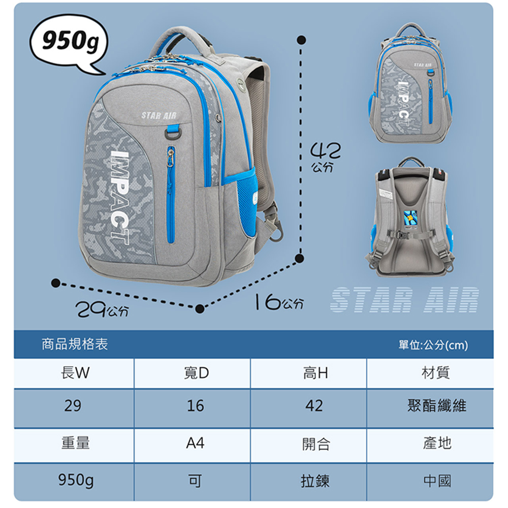 IMPACT 怡寶 STARAIR系列 成長型護脊書包 灰色 IM00303GY (售完不補)