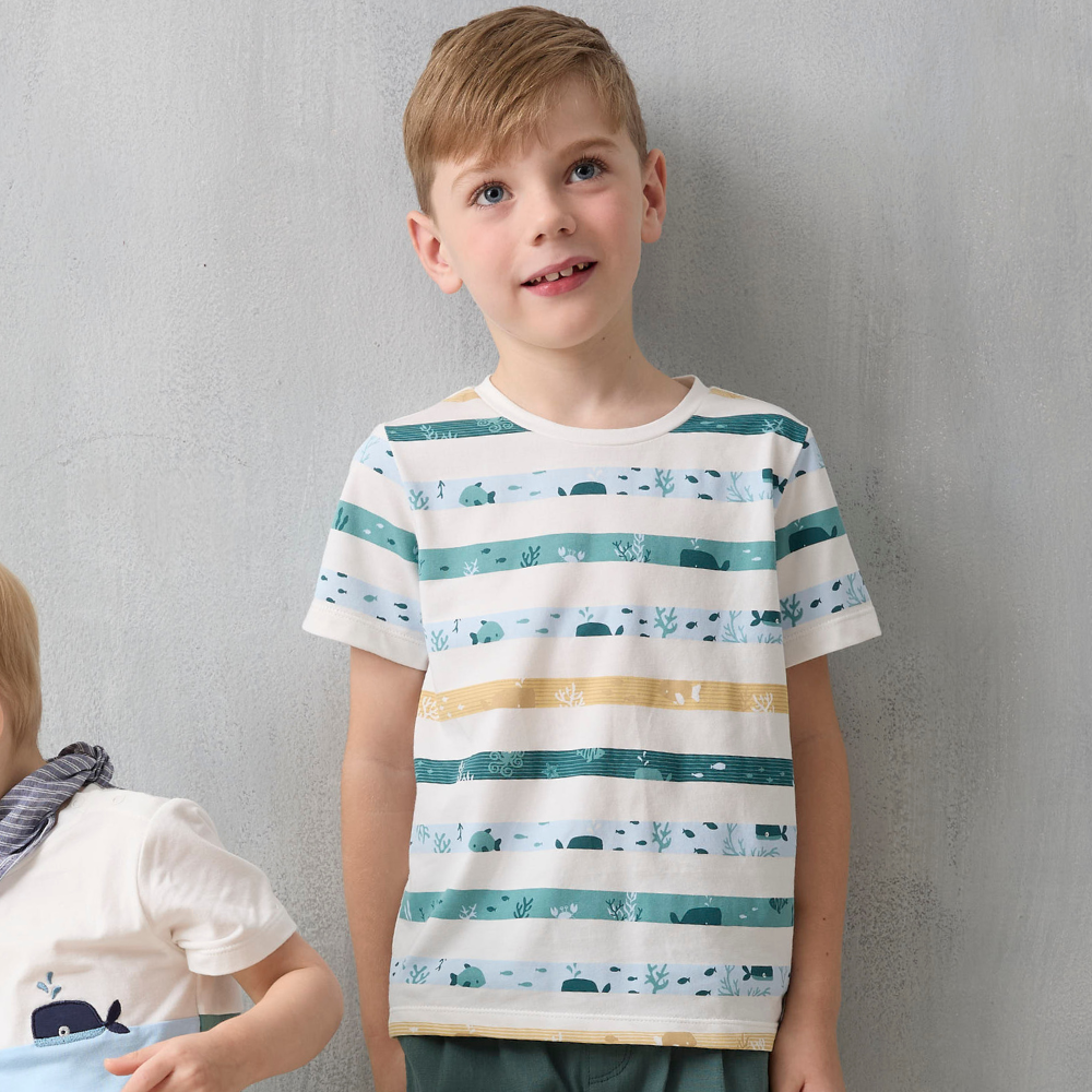 PIPPY清涼海洋世界橫條印花圓領棉質短袖上衣 藍綠