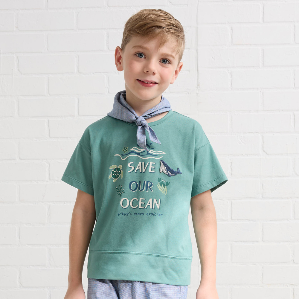 PIPPY陽光海洋永續印花落肩棉質圓領短袖上衣 綠