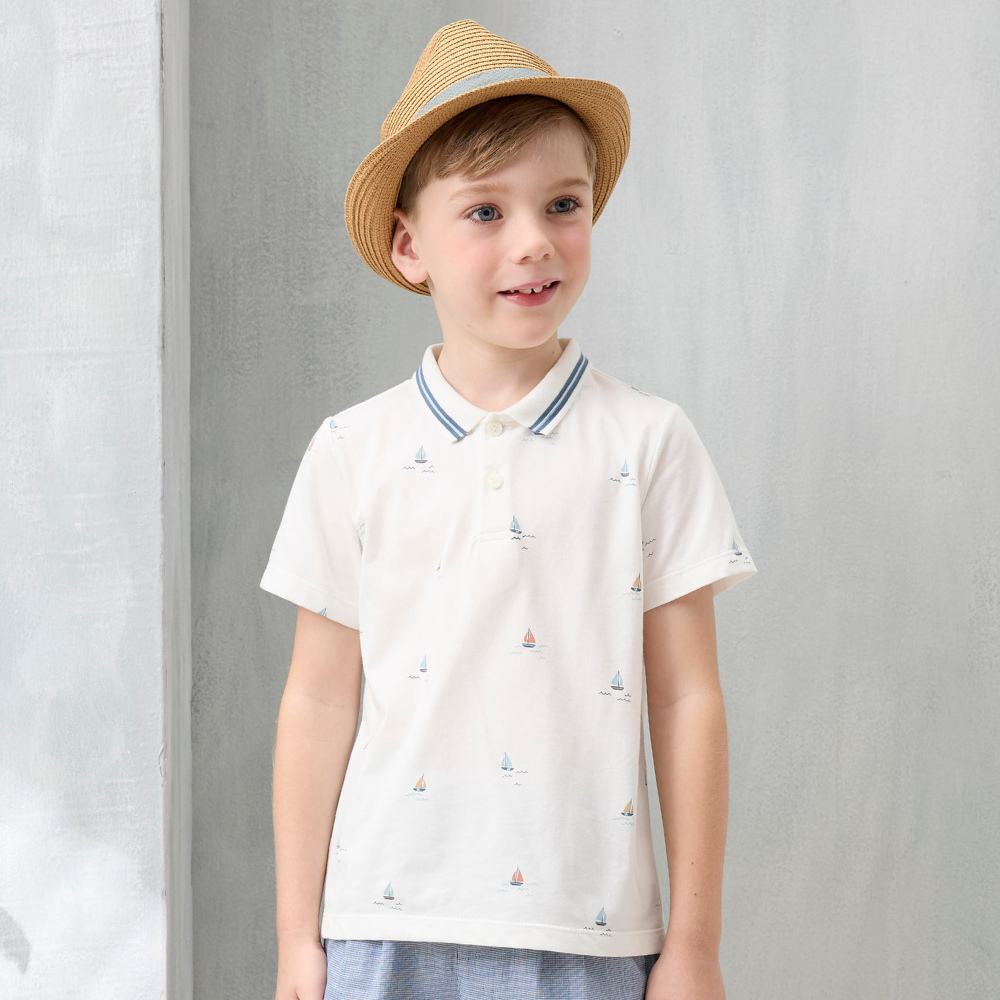 PIPPY航海小帆船印花襯衫領棉質短袖上衣 米白